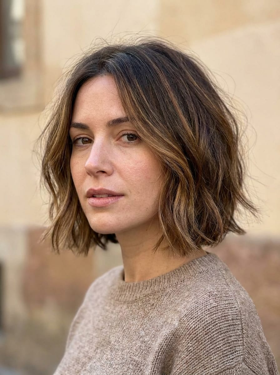 Braune Haare mit Strähnen im Bob - braune Haare mit Highlights